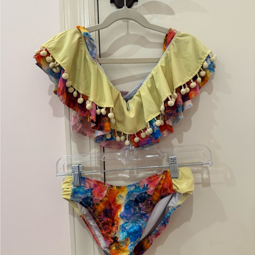 Yellow Ruffled Bikini with Pom-Pom Trim